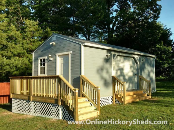 Hickory Sheds Utility Tiny Room with Front Deck and Side Garage Door